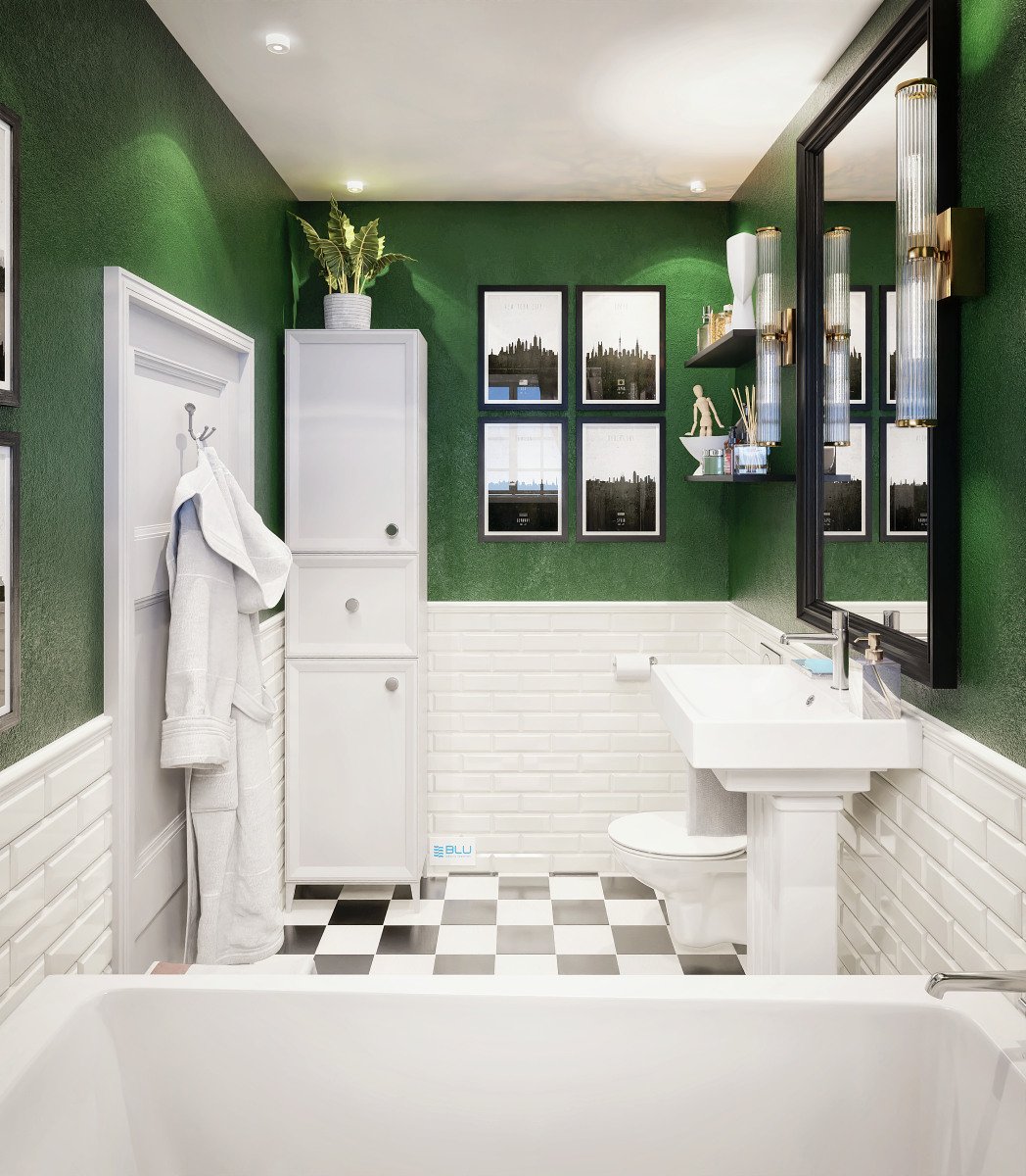 Zielona, vintage łazienka z płytkami do połowy ściany.